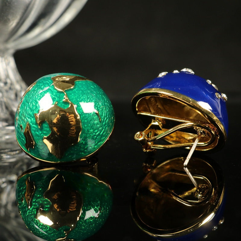 Vintage Hemispherical Enamel Earrings with CZ Stones