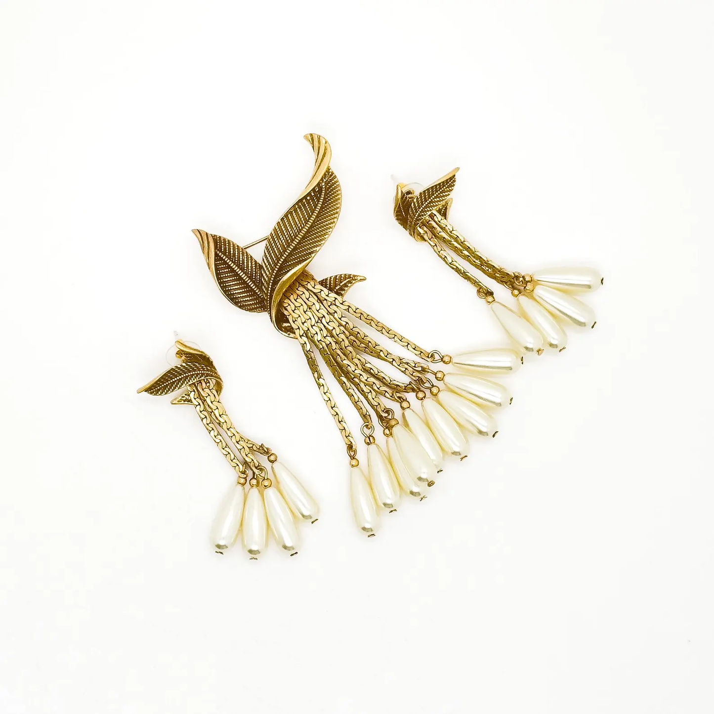 Vintage Leaf Fringe Brooch & Earring Set