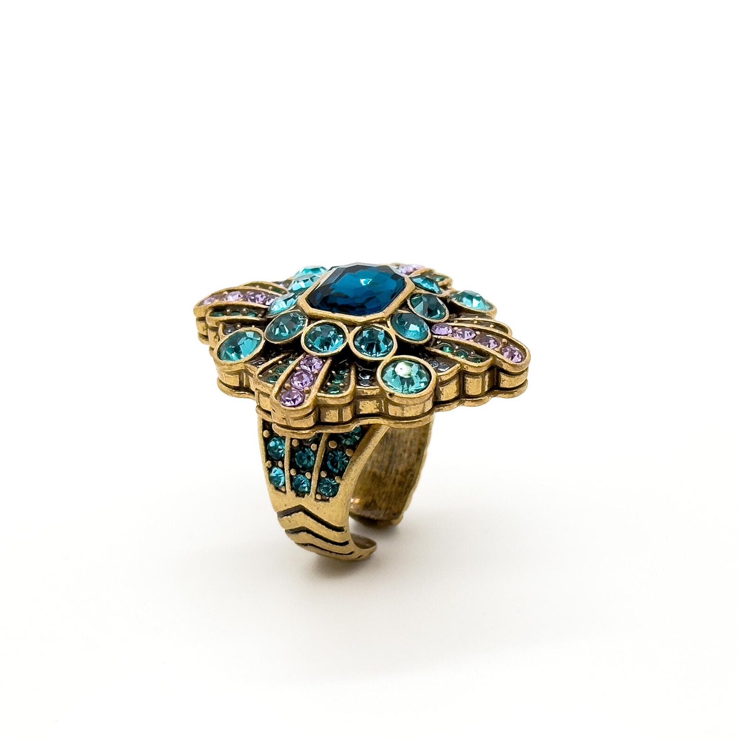 Vintage Art Deco Blue Zircon Square Flower Open Ring