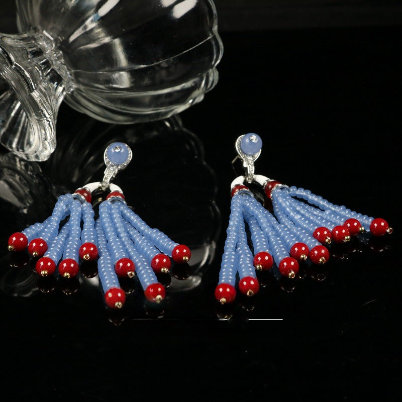 Vintage Blue Beaded Enamel Tassel Earrings