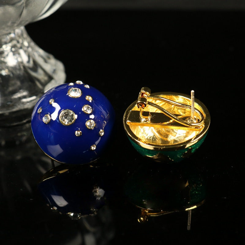 Vintage Hemispherical Enamel Earrings with CZ Stones