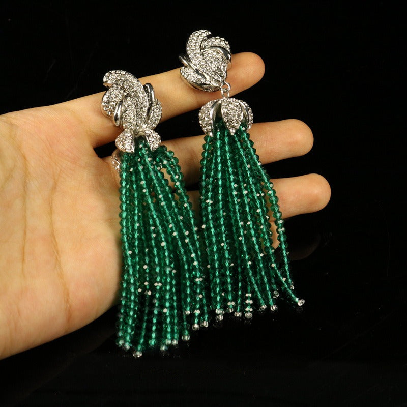 Green Beaded Rhinestone Long Earrings