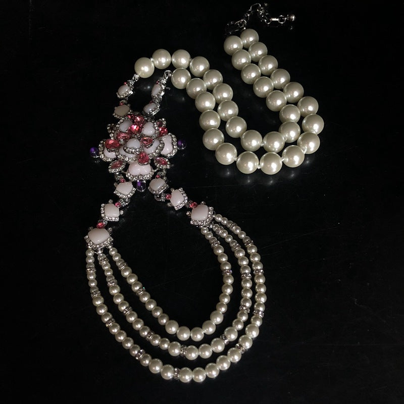 Vintage Glass Pearl Double-Layer Flower Necklace & Earrings Set