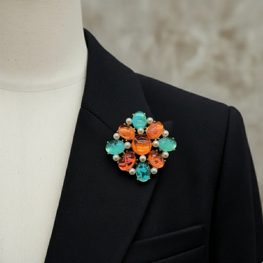 Lapis Lazuli Pearl Geometric Enamel Brooch