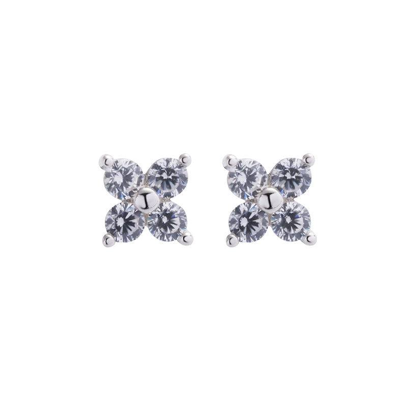 Universal earrings, zirconium hip-hop style for men and women, silver 925 sample, diamond encrusted, four-leaf clover