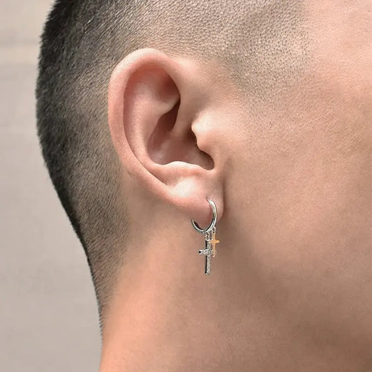 S925 Sterling Silver Double Cross Hip-Hop Hoop Earrings for Men Women
