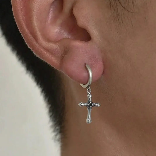 Silver cross earring with black stone center, 925 sterling silver