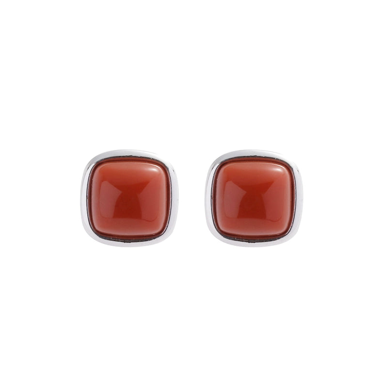 Silver square stud earrings with red stone inlay