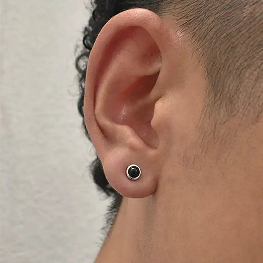 S925 Sterling Silver Black Agate Stud Earrings - Unisex Hip-Hop Trend