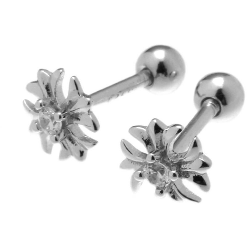 Silver flower-shaped barbell earrings with cubic zirconia centers