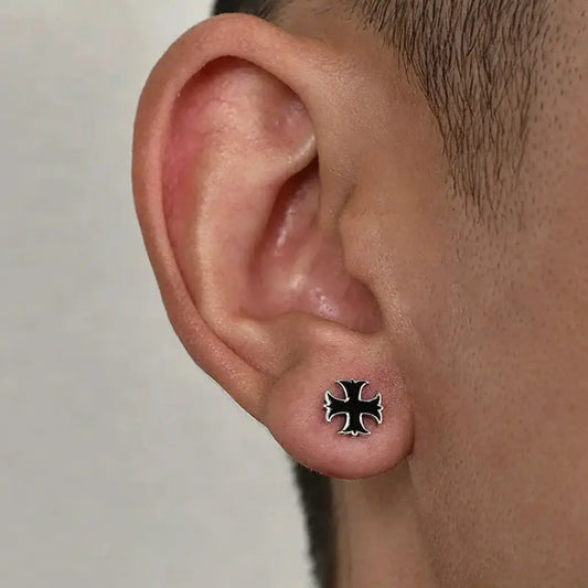Iron cross stud earring in black and silver
