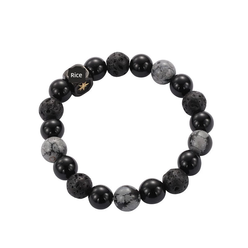 Black and gray beaded bracelet with star accents, rice brand