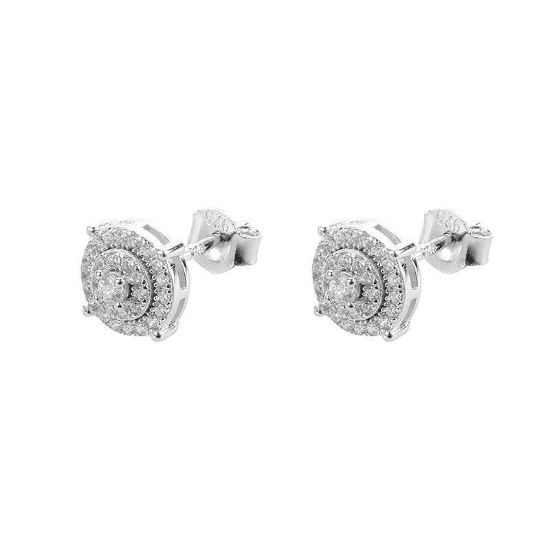 TWO LEAVES S925 Sterling Silver Hip-Hop Round CZ Stud Earrings, Unisex Street Style Bling