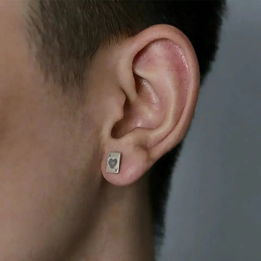 Two Leaves S925 Pure silver red heart A poker earrings are old personality hip -hop men's and women's tide street versatile