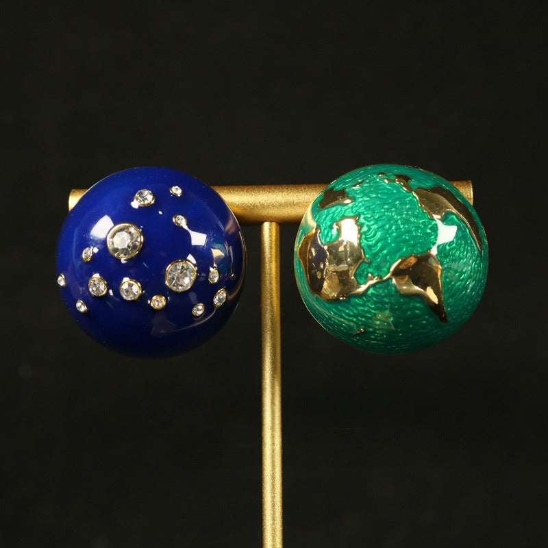 Vintage Hemispherical Enamel Earrings with CZ Stones
