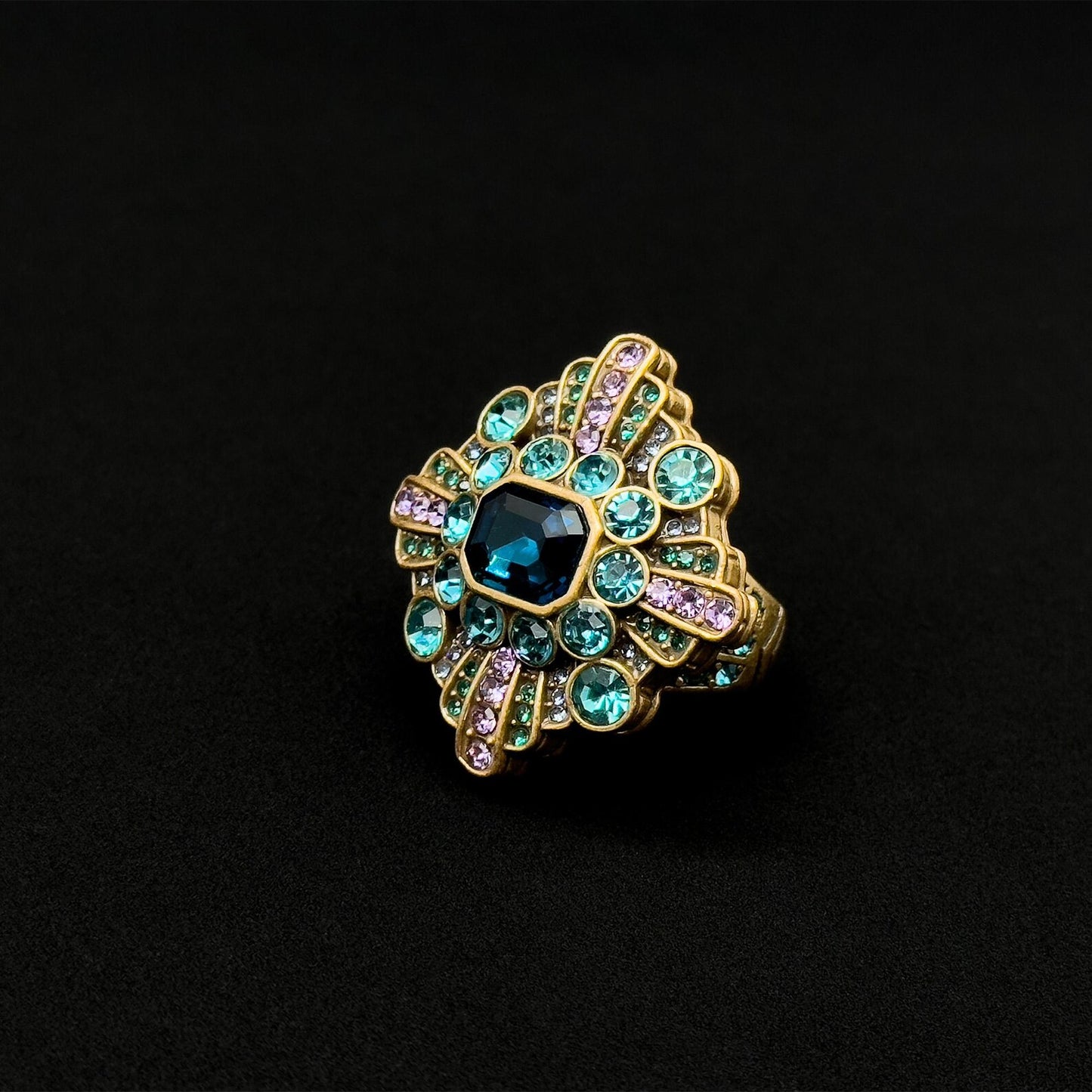Vintage Art Deco Blue Zircon Square Flower Open Ring