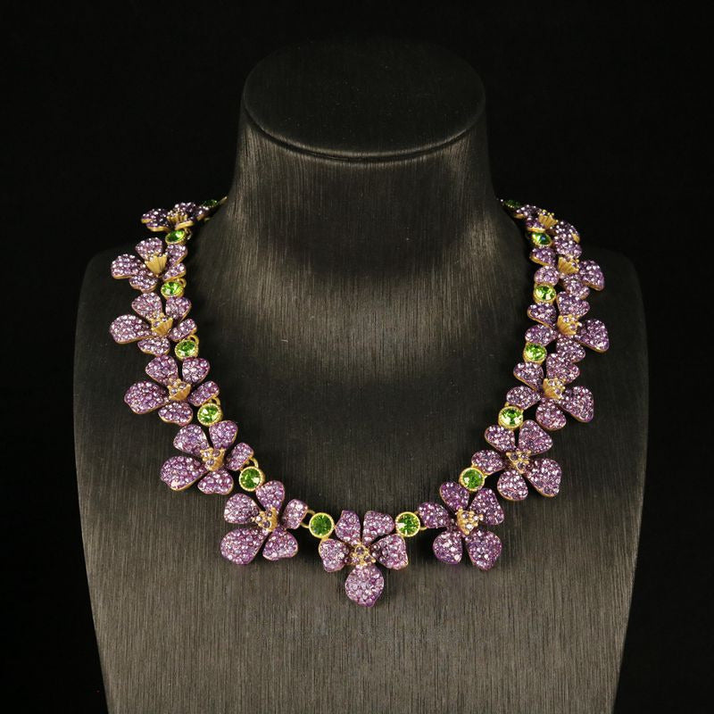 Vintage French Purple Flower Necklace & Stud Earrings