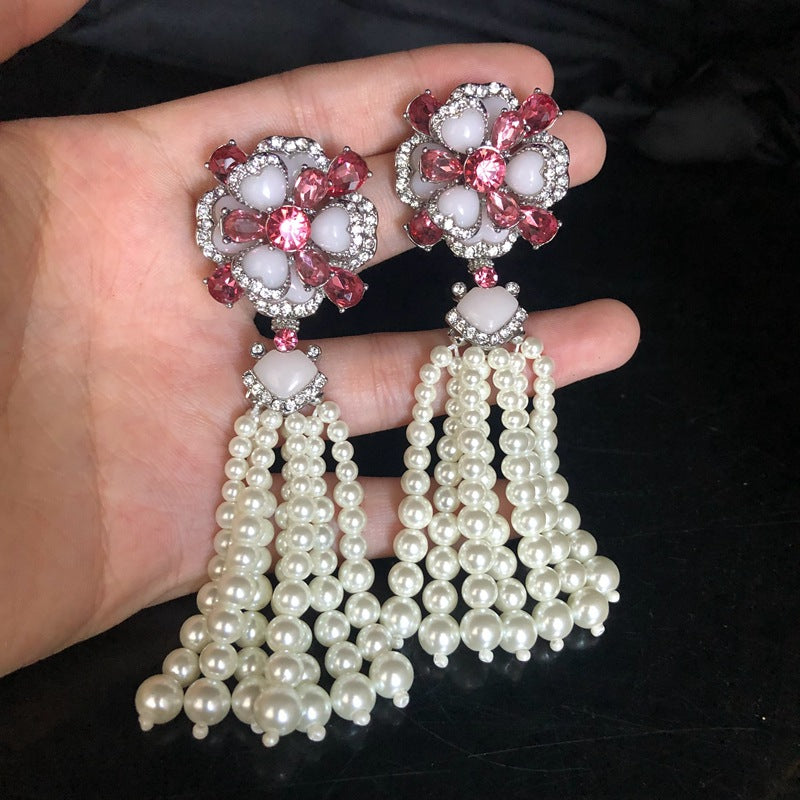Vintage Glass Pearl Double-Layer Flower Necklace & Earrings Set