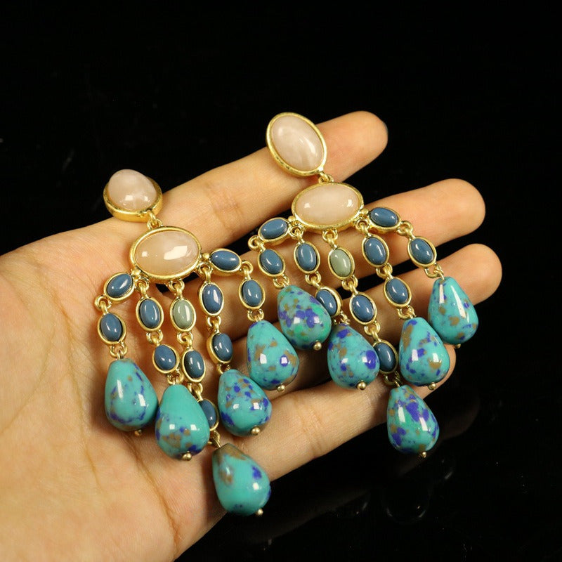 Long Gemstone Tassel Earrings