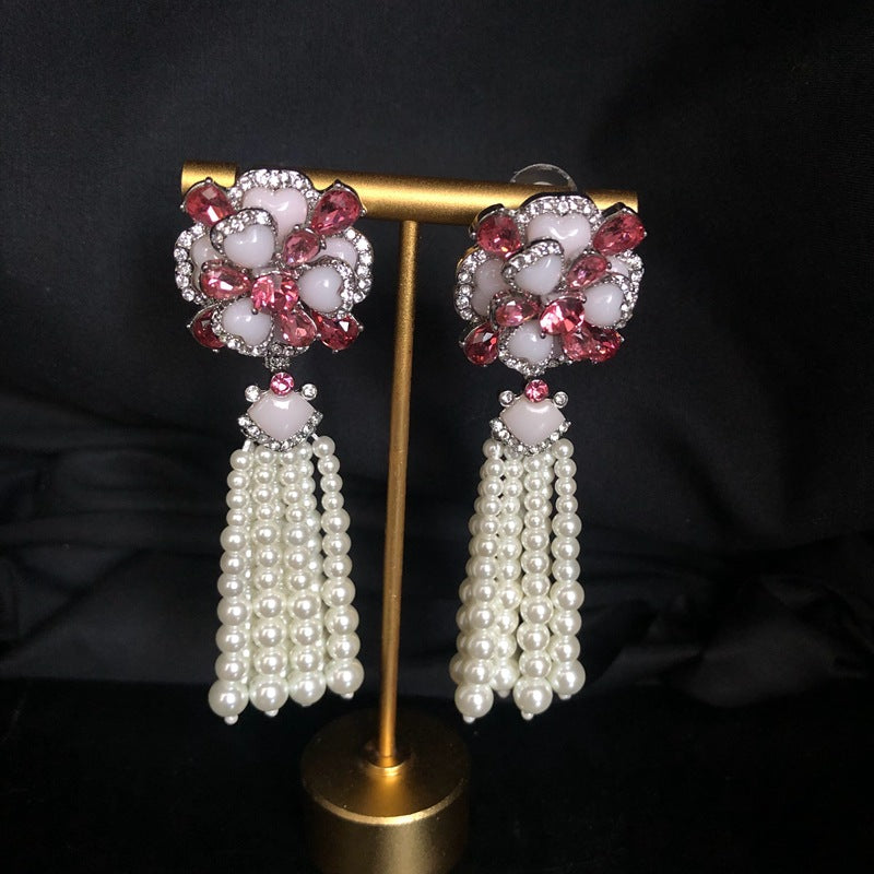 Vintage Glass Pearl Double-Layer Flower Necklace & Earrings Set