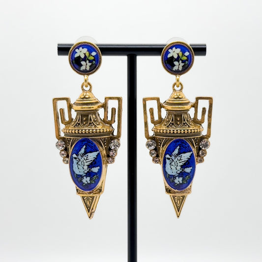 Vintage Art Deco Pigeon Drop Earrings Copper Enamel 925 Silver