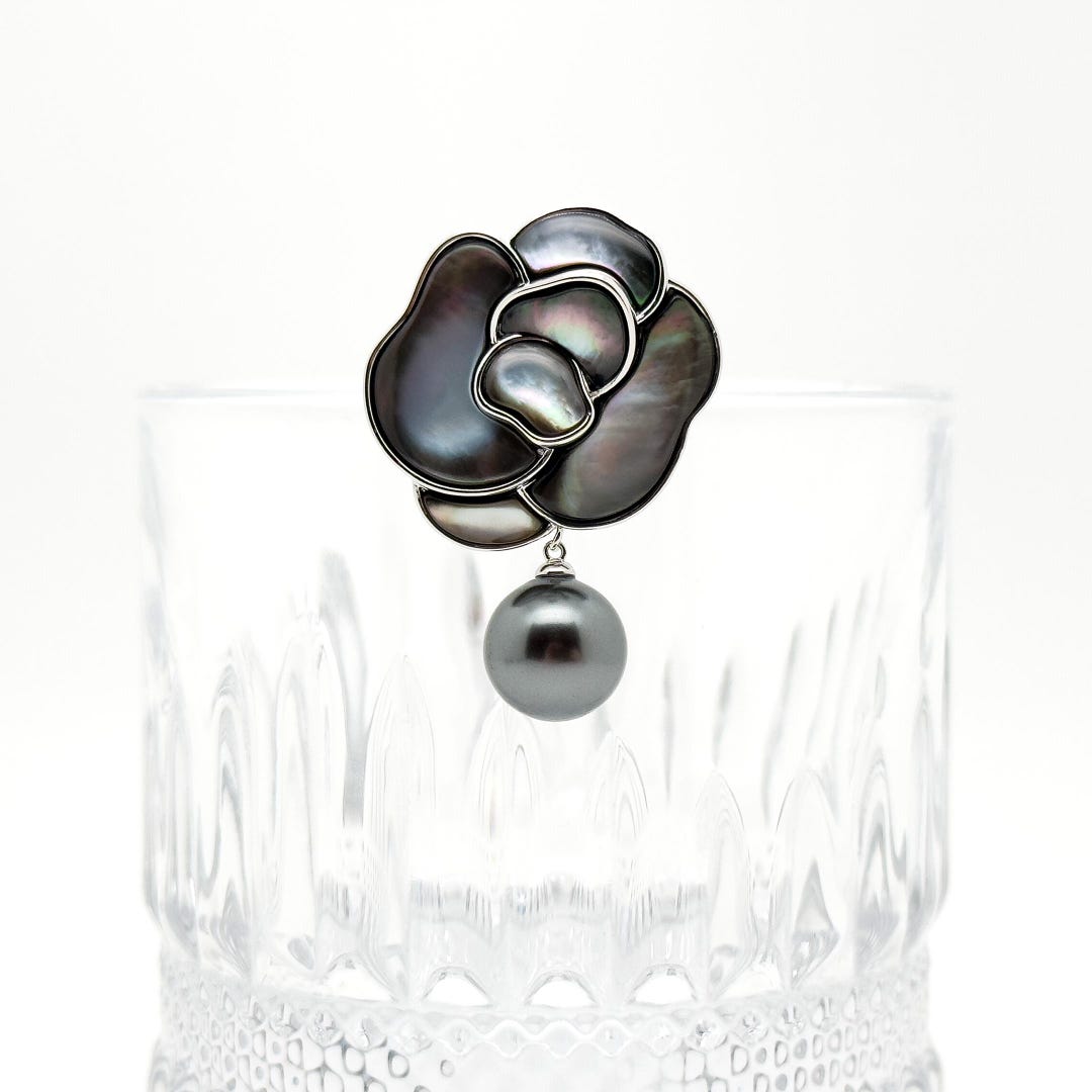 French Mother of Pearl Camellia Brooch with Freshwater Pearl Accent