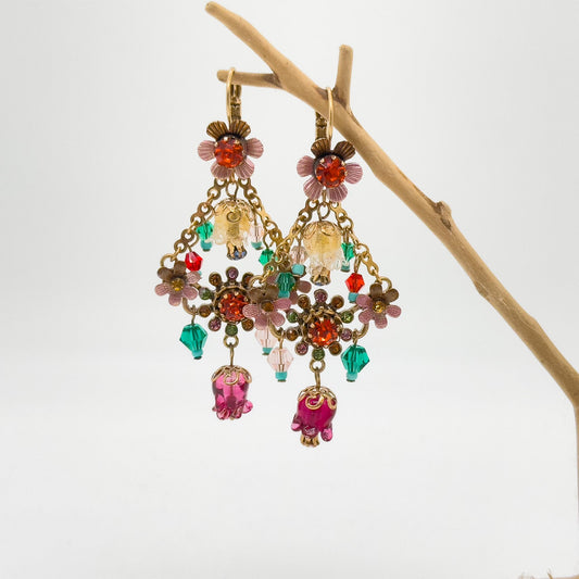 18K Gold Plated Floral Dangle Earrings Ethnic Vintage Countryside