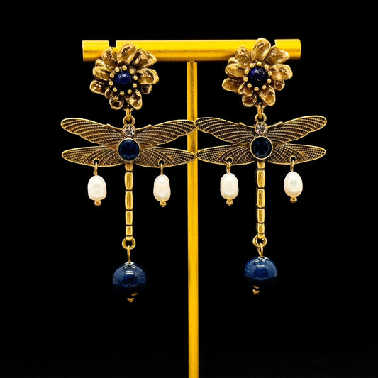 Vintage Ethnic 3D Dragonfly Flower Drop Earrings with Pearls
