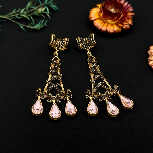 Vintage Ethnic Eiffel Tower Crystal Drop Earrings, 18K Gold-Plated