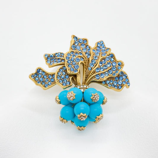 Vintage Art Deco Radish Brooch 3D Leaf Blue Crystal Pin