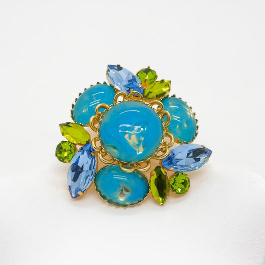 Vintage Art Deco Brooch Blue Enamel Glass Gold-Plated Statement