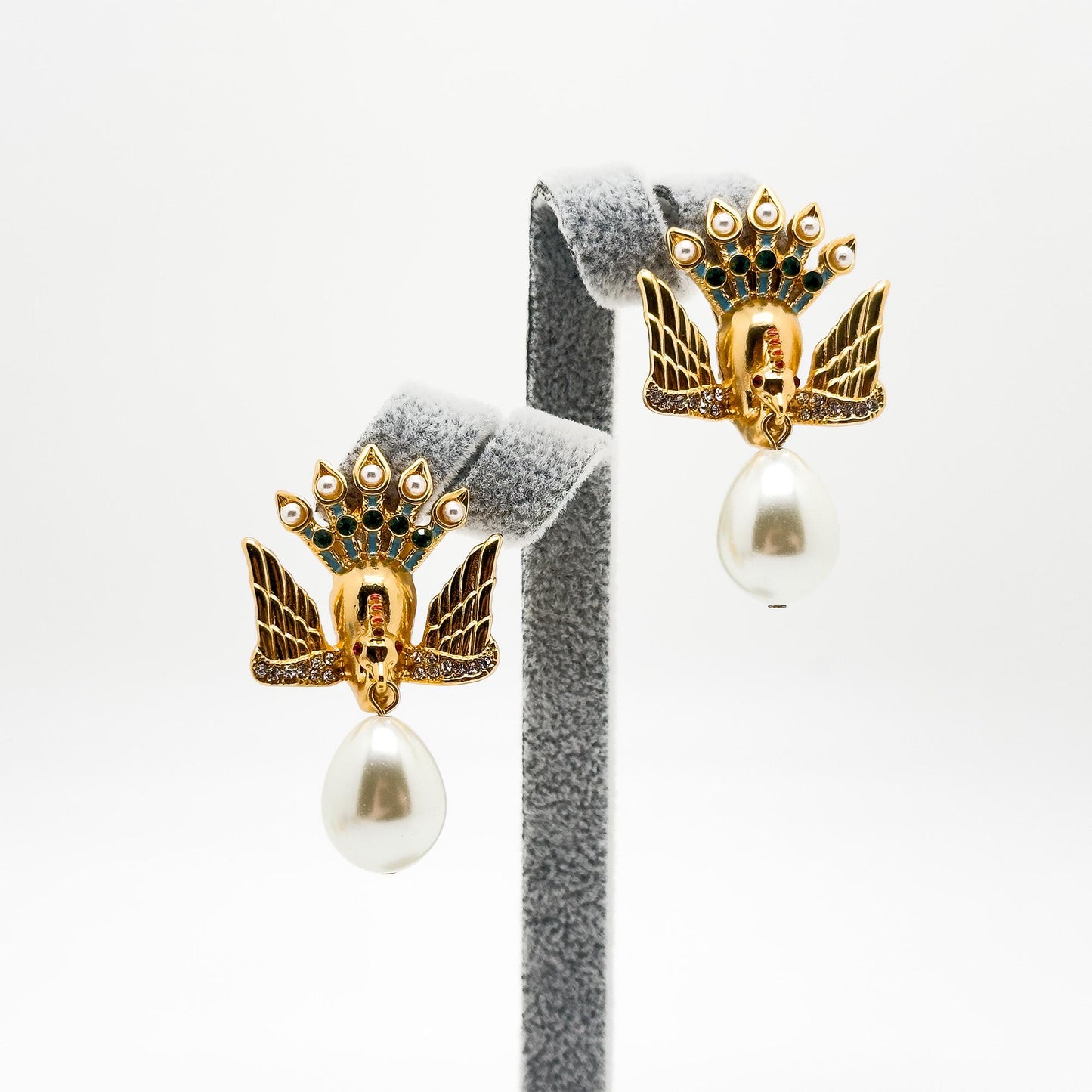 Vintage Art Deco Peacock Brooch with Rhinestones Pearls Brass