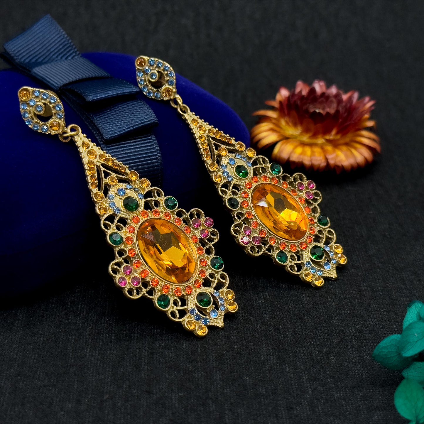 Vintage Ethnic Zircon Crystal Drop Earrings 18K Gold-Plated Handcrafted