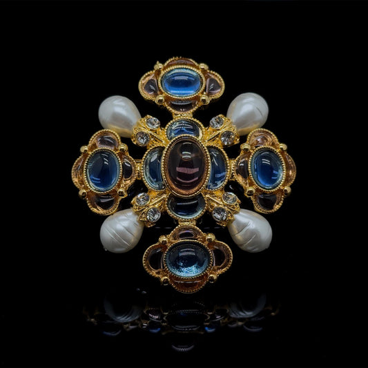 Handcrafted Vintage Art Deco Brooch featuring Lapis Lazuli, Crystal and Pearl