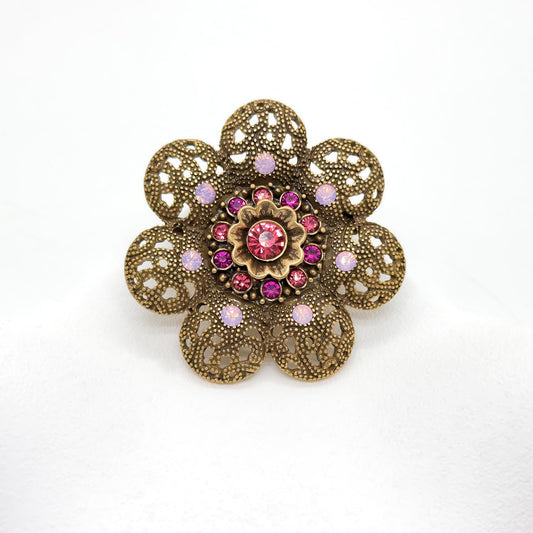 Vintage Art Deco Crystal Sunflower Brooch 3D Copper Gemstone Pin