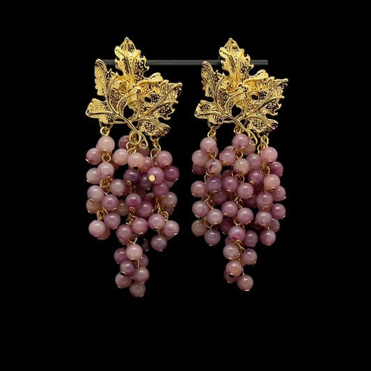 Chic Vintage Art Deco Grape Drop Earrings - Purple Resin & Gold Plated