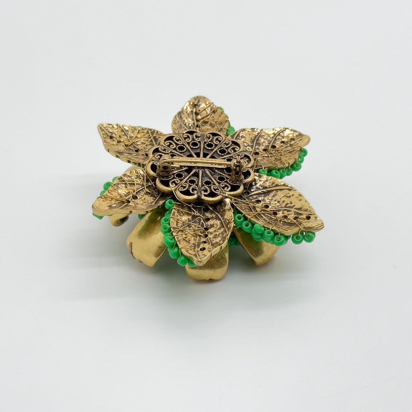 Vintage Art Deco 3D Sunflower Brooch Beaded Green Coat Pin