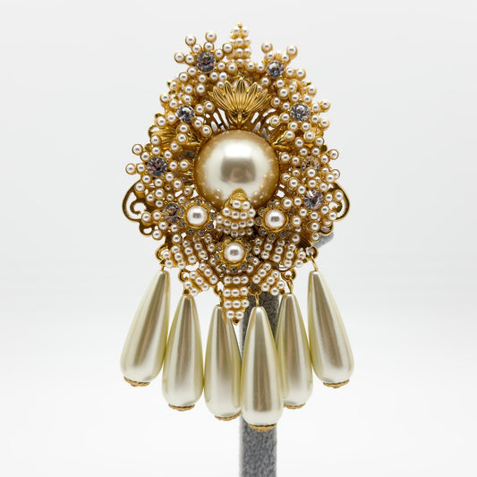 Vintage Art Deco Pearl Beaded Gold-Plated Statement Overcoat Brooch