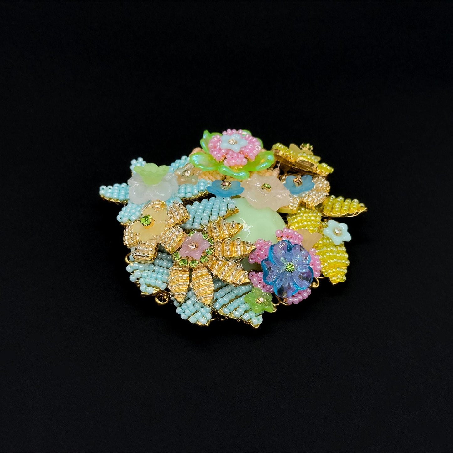 Vintage Art Deco Beaded 3D Flower Brooch Copper Coat Pin