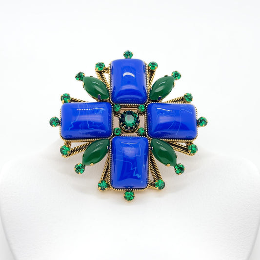 Vintage Art Deco Blue Gemstone Cross Brooch Rhinestone Overcoat Pin