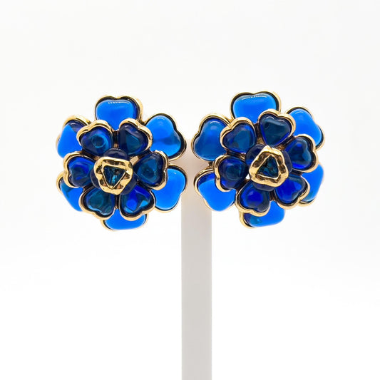 French Vintage Blue Floral Resin Stud Earrings, Gold-Plated Copper