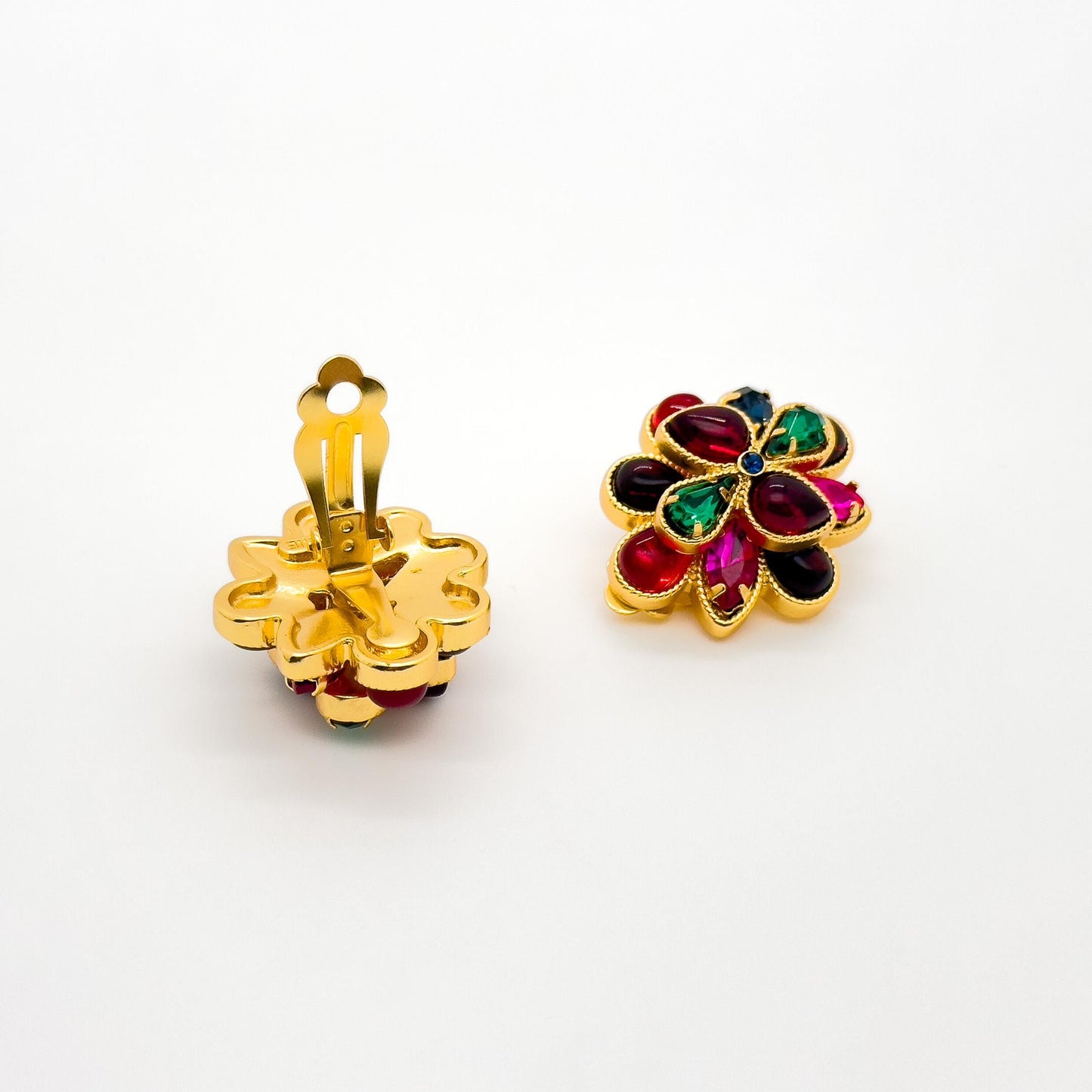 French Vintage Coloured Glass Flower Clip-On Earrings, Gold-Plated