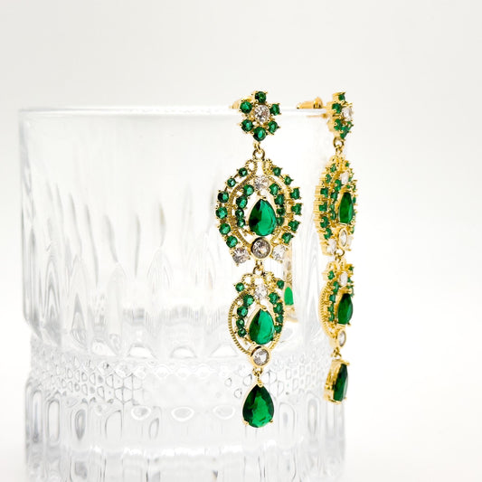 French Vintage Green Zircon Long Tassel Earrings, Gold-Plated Art Deco