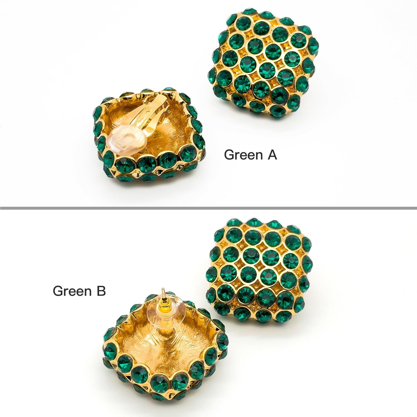 Vintage Square Rhinestone Earrings Green Blue Gold-Plated Studs