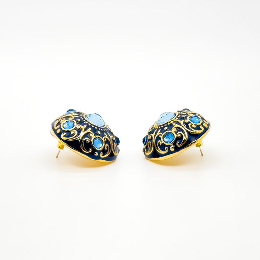 Vintage Court Style Blue Enamel Gemstone Stud Earrings Gold-Plated Copper