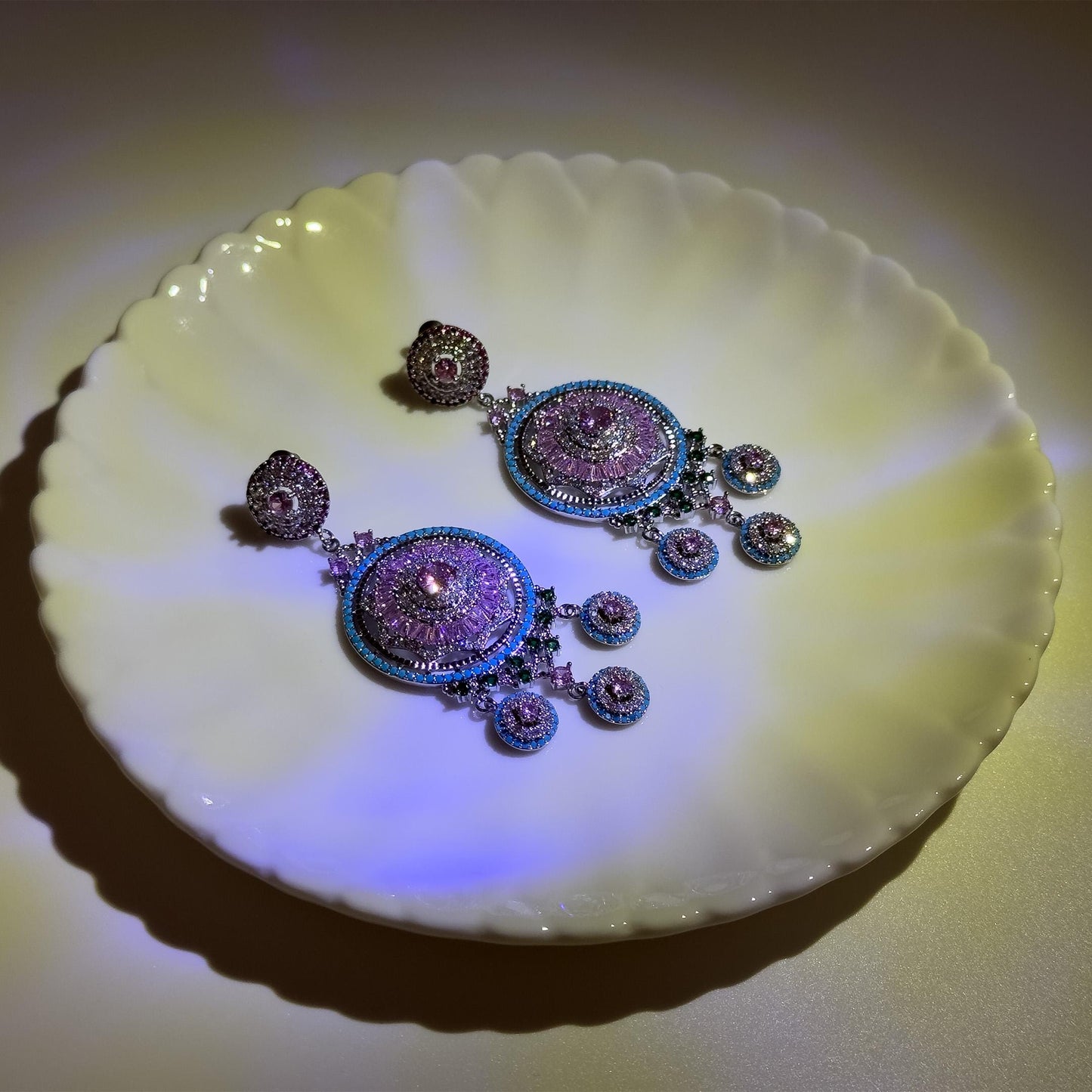 Luxury Pink Flower Dangle Earrings Rhinestone Silver-Plated Statement