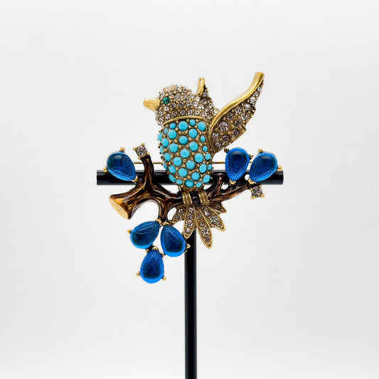 Vintage Art Deco Bird Rhinestone Gemstone Resin Copper Handmade Brooch