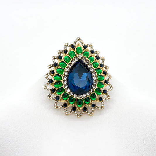 Vintage Art Deco Teardrop Brooch with 3D Flower and Rhinestones