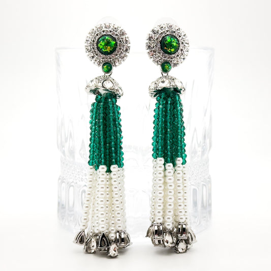 Vintage Green Bead Tassel Earrings Bohemian Long Dangle Elegant Statement