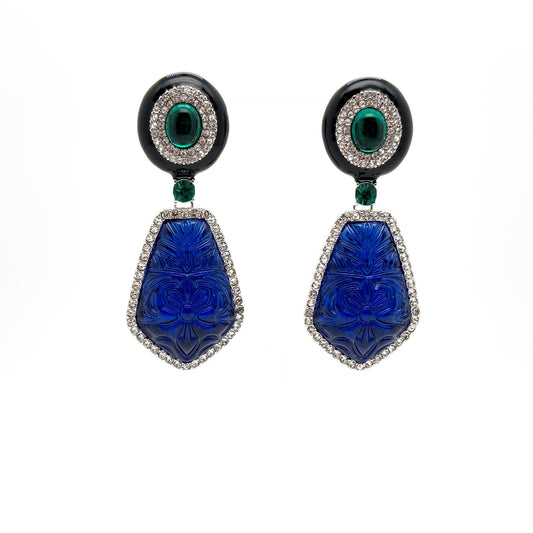 French Vintage Blue Glass Totem Statement Dangle Earrings, Art Deco